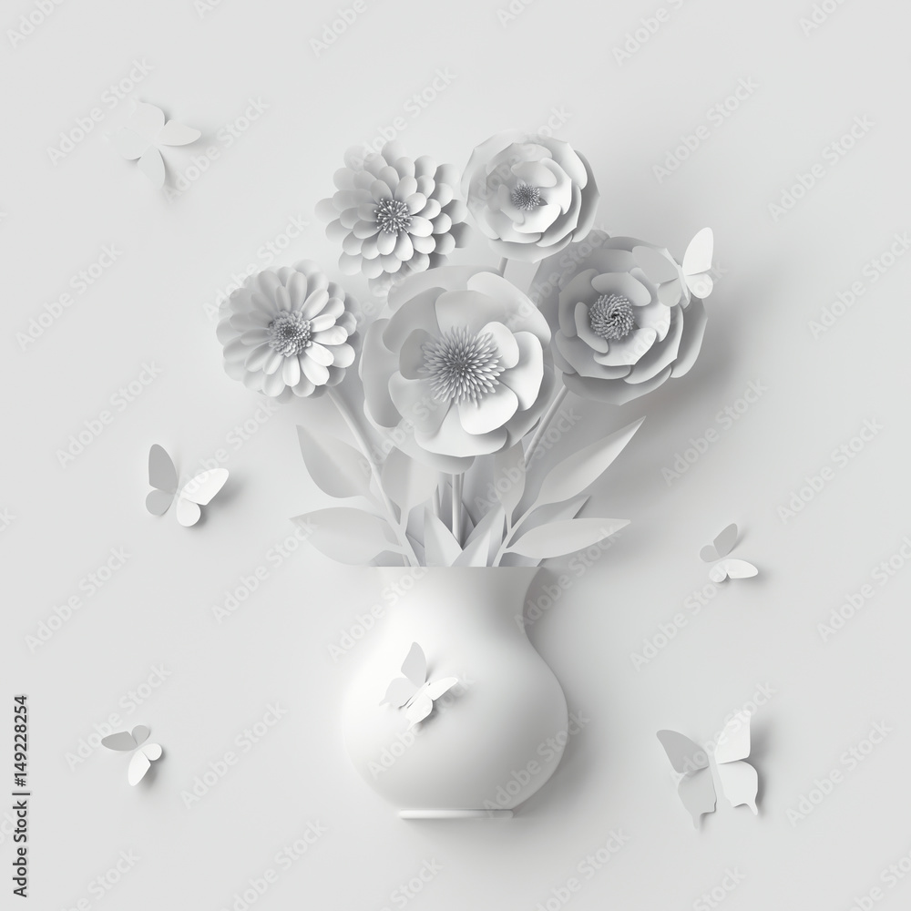 Fototapeta 3d odpłacają się, biali papierowi kwiaty inside śliczna waza, latający buterflies, ślubny kartka z pozdrowieniami