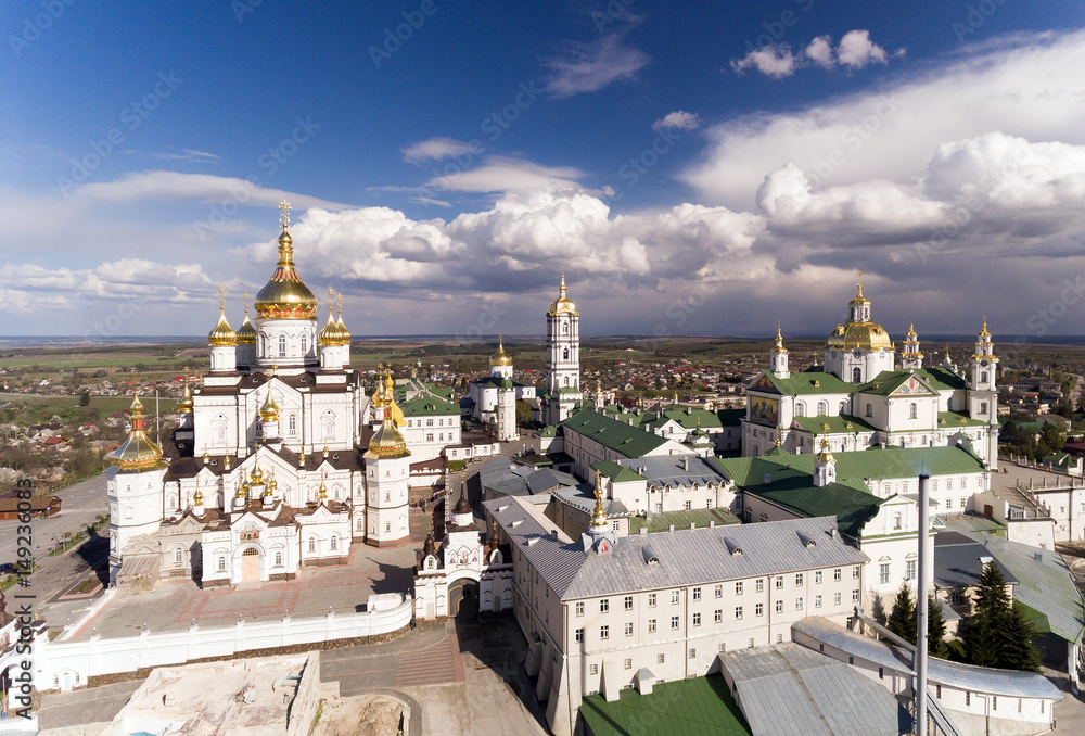Aerial view of Pochaev Monastery, Orthodox Church, Pochayiv Lavra, Ukraine.