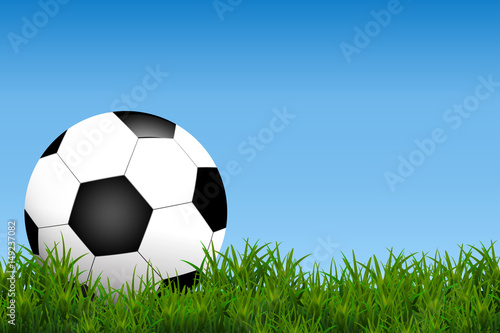 Football  soccer Ball Isolated on Grass field ad blue Background with Space for Your Text.