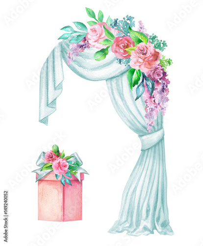 watercolor wedding illustration, decorative arch, window curtain, drapery, flower garland decoration, gift box, clip art isolated on white background