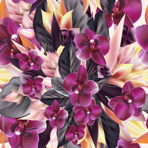 Fashion tropical pattern with orchid flowers and leafs
