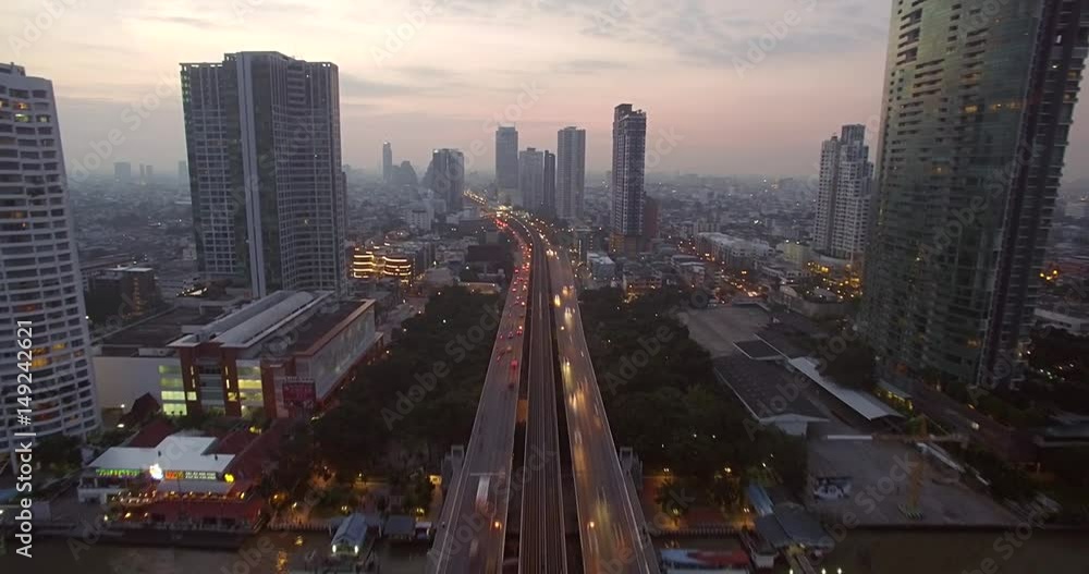 Aerial Hyperlapse of Traffic on Chao Phraya Bridge, Bangkok, Thailand
