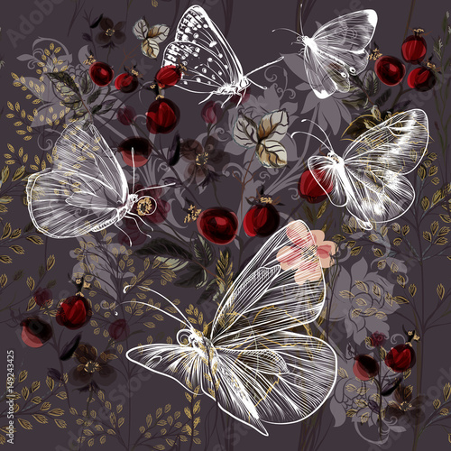 Flower vector pattern with plants and butterflies. Vintage provance style