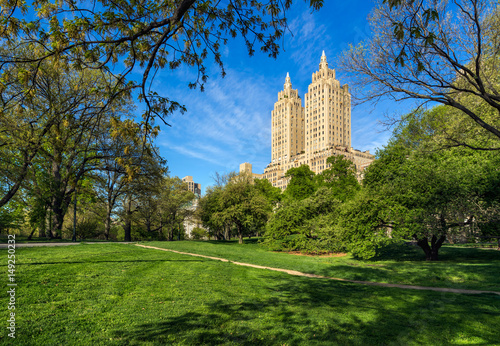 Fototapeta Naklejka Na Ścianę i Meble -  Central Park West Summer morning with Art Deco high-rise building. Upper West Side, Manhattan, New York City