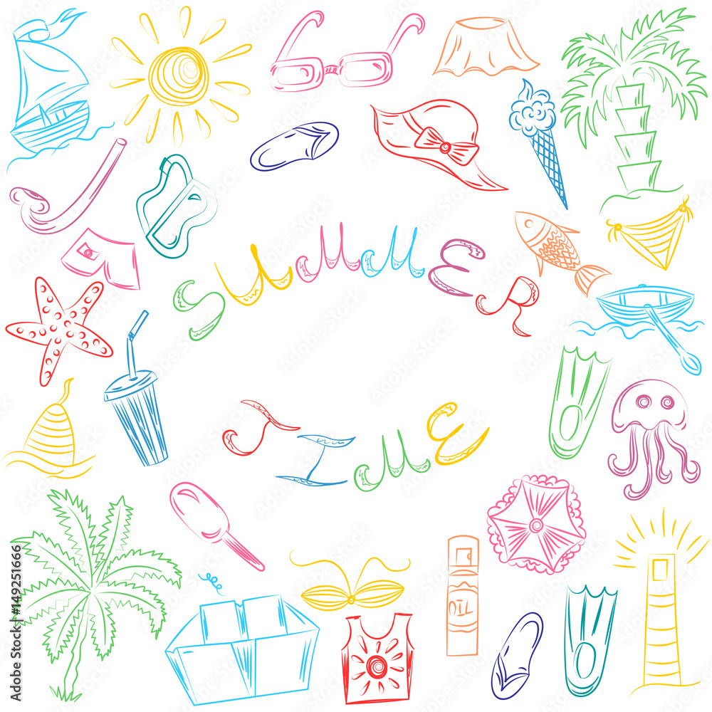 Summer Time. Hand Drawn Summer Vacancies Symbols. Colorful Doodle Boats, Ice cream, Palms, Hat, Umbrella, Jellyfish, Cocktail, Sun. Sketch Style. Vector Illustration.