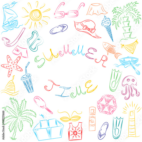 Summer Time. Hand Drawn Summer Vacancies Symbols. Colorful Doodle Boats, Ice cream, Palms, Hat, Umbrella, Jellyfish, Cocktail, Sun. Sketch Style. Vector Illustration.