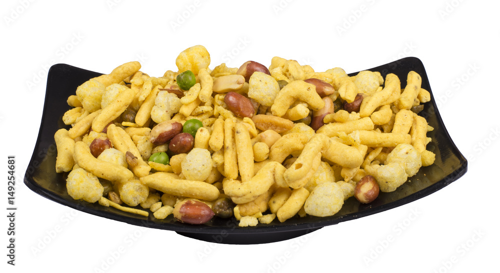 isolated khatta meetha or besan namkeen image in black plate isolated khatta meetha or besan namkeen image in black plate