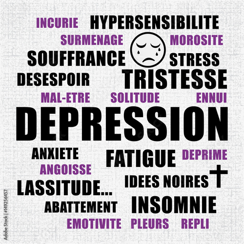 Dépression. Nuage de mots sur fond gris. Maladie.