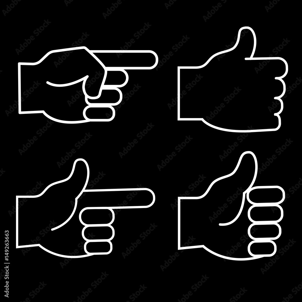 Set of 4 linear icons of hands. On a black background. Thumb up, index finger up. vector. Set of 4 linear icons of hands. On a black background. Thumb up, index finger up. vector.