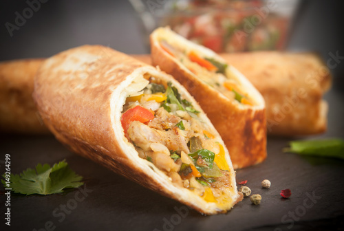 Home-made Meat and vegetables wrapped in a tortilla