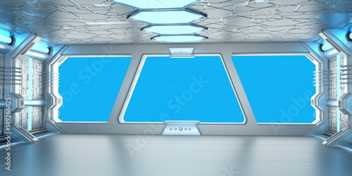 Fototapeta Naklejka Na Ścianę i Meble -  Spaceship blue and white interior 3D rendering