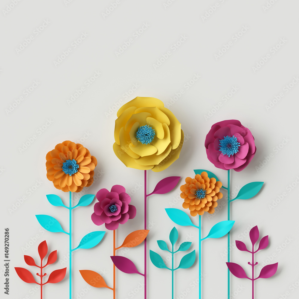 Obraz premium 3d render, ilustracja cyfrowa, abstrakcyjne kolorowe papierowe kwiaty, quilling craft, ręcznie robiona dekoracja świąteczna, żywe tło kwiatowe, miętowy różowy żółty