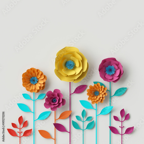 Fototapeta Naklejka Na Ścianę i Meble -  3d render, digital illustration, abstract colorful paper flowers, quilling craft, handmade festive decoration, vivid floral background, mint pink yellow