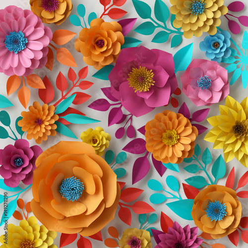 Fototapeta Naklejka Na Ścianę i Meble -  3d render, digital illustration, colorful paper flowers wallpaper, spring summer background, floral bouquet isolated on white, vibrant colors, mint pink orange yellow