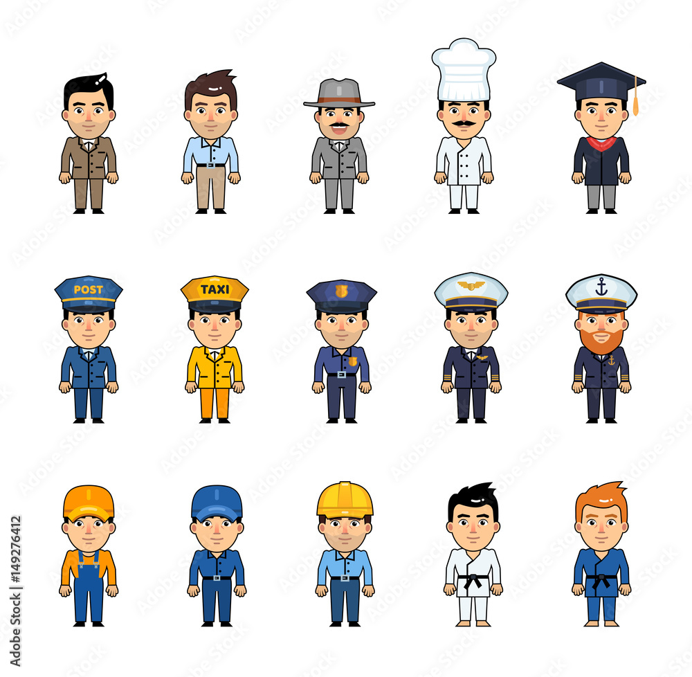 Set of cartoon characters showing diverse occupations. Funny figure of businessman, detective, cook, graduate, postman, driver, police officer, pilot and other occupations. Simple vector illustration Set of cartoon characters showing diverse occupations. Funny figure of businessman, detective, cook, graduate, postman, driver, police officer, pilot and other occupations. Simple vector illustration