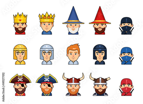Set of diverse medieval fantasy characters emoticons. Avatar of king, prince, wizard, ninja, knight, pirate, viking. Simple vector illustration