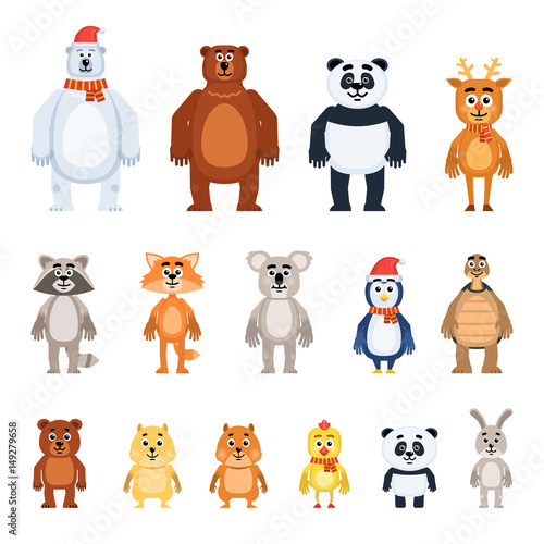 Set of diverse animal characters. Funny polar bear, brown bear, panda, reindeer, raccoon, fox, koala, penguin, turtle, hamster, chicken, rabbit and other animals. Simple style vector illustration