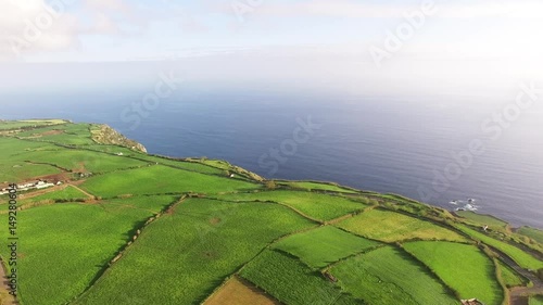 Aerial view of farm fields in the Sao Miguel Island in Azores, Portugal wide angle photo