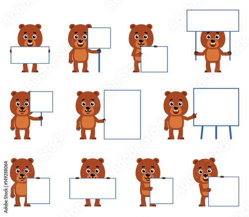 Set of cartoon teddy bear characters posing with various blank banners. Funny bear cub holding paper, poster, placard, pointing to whiteboard. Teach, advertise. Simple vector illustration.