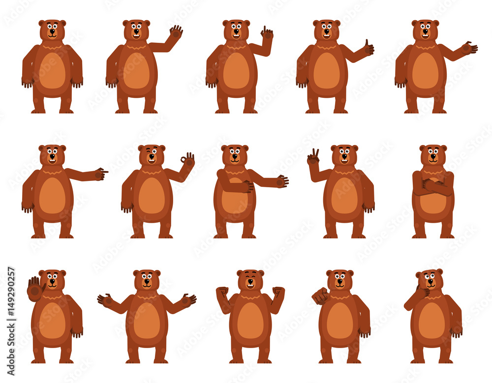 Obraz premium Set of cartoon brown bear characters showing various hand gestures. Cheerful bear pointing, greeting, showing thumb up, victory, stop sign and other hand gestures. Simple vector illustration