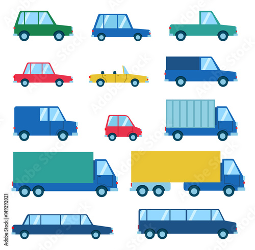 Set of various car types. Hatchback, sedan, truck, limousine, coupe, crossover and other car types. Flat style vector illustration