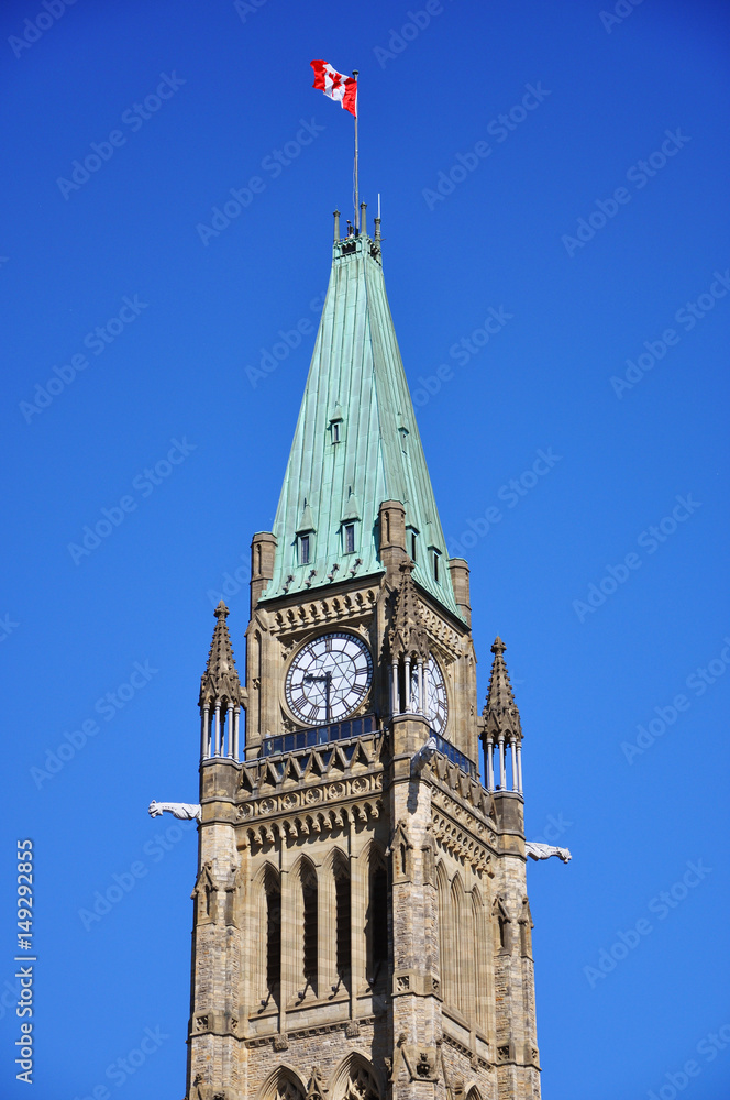 Peace Tower (officially: the Tower of Victory and Peace) of Parliament Buildings, Ottawa, Ontario, Canada.