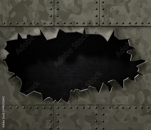 big hole in metal camouflage background 3d illustration
