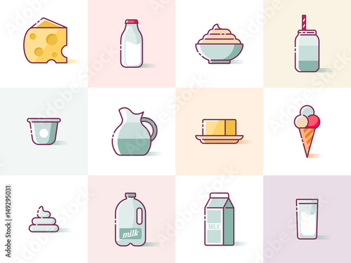 Milk and dairy products thin line icons for web, graphic and logo design. Isolated vector illustration