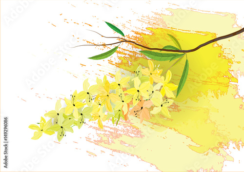 Golden shower flowers or Ratchaphruek ,yellow  watercolor look  on white background,set of asean national flower for Thailand