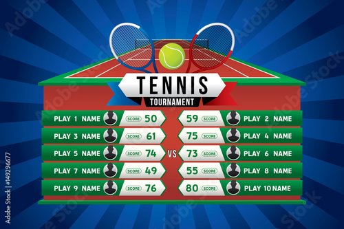 Tennis tournament design with players and scoreboard.