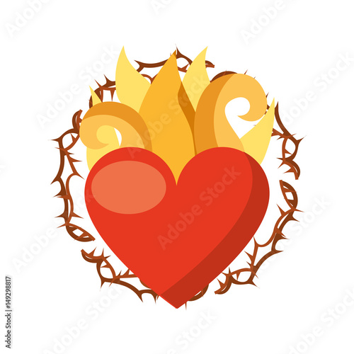 virgin mary heart with flames vector illustration design