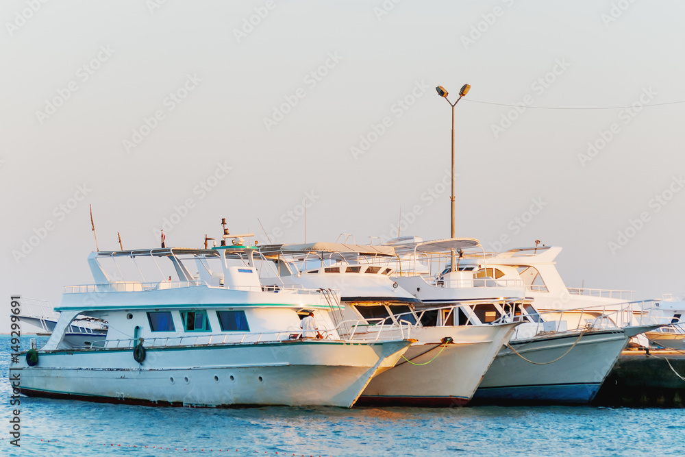 Fototapeta premium Many yachts moored to the pier. Hurgada, Egypt.