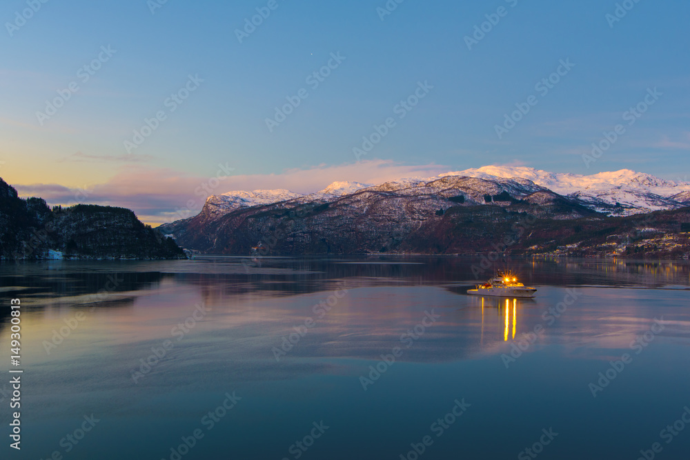 Sauda fjord, Norway. Early morning, view from sea