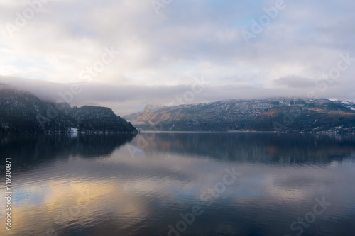 Sauda fjord, Norway. Early morning, view from sea