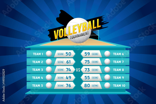 Volleyball tournament design with players and scoreboard.