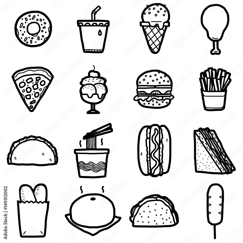 junk food, icons set / cartoon vector and illustration, hand drawn style,  black and white, isolated on white background. Stock Vector | Adobe Stock