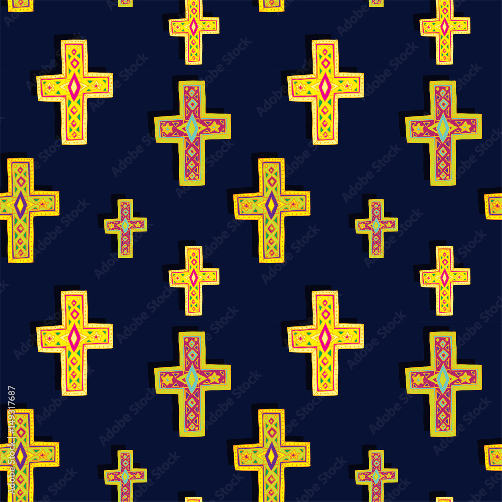 Seamless pattern with colorful ornate crosses on dark blue background