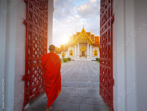 The Marble Temple, Wat Benchamabophit Dusitvanaram in Bangkok, Thailand  Buddhist monks walk wats photo