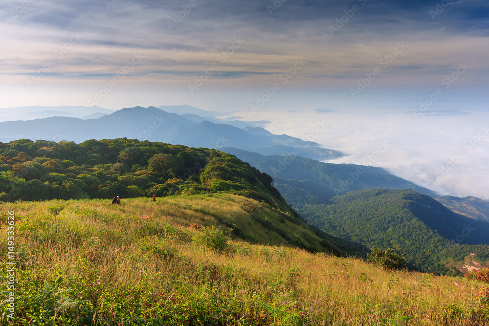 The view point on the top of mountain in Thailand winter and have a soft sea of fog at far away

