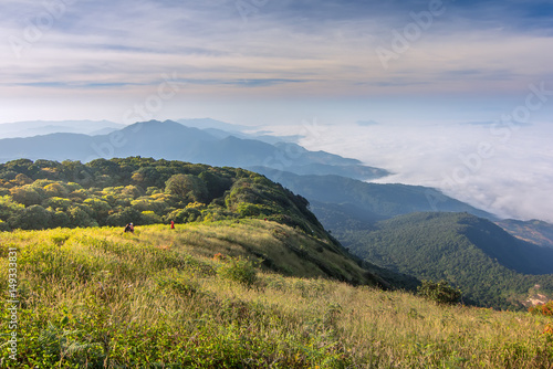 The view point on the top of mountain in Thailand winter and have a soft sea of fog at far away