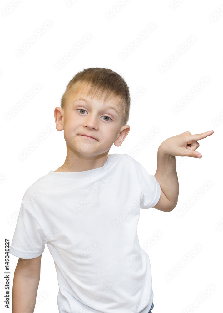 Emotional portrait of caucasian teen boy. Funny teenager pointing and looking upwards while laughing, isolated on white background. Handsome happy child pointing at copy space. Emotional portrait of caucasian teen boy. Funny teenager pointing and looking upwards while laughing, isolated on white background. Handsome happy child pointing at copy space.