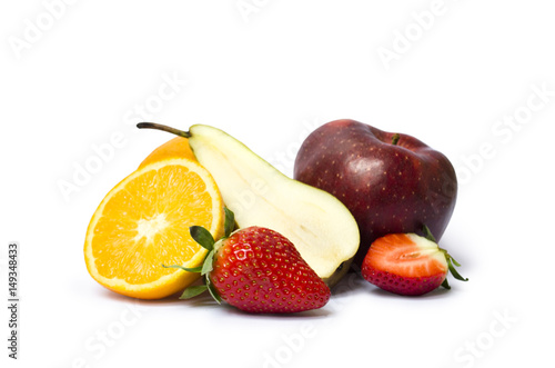 Photo of fruit still life with orange  apple  pear and strawberries isolated on white background