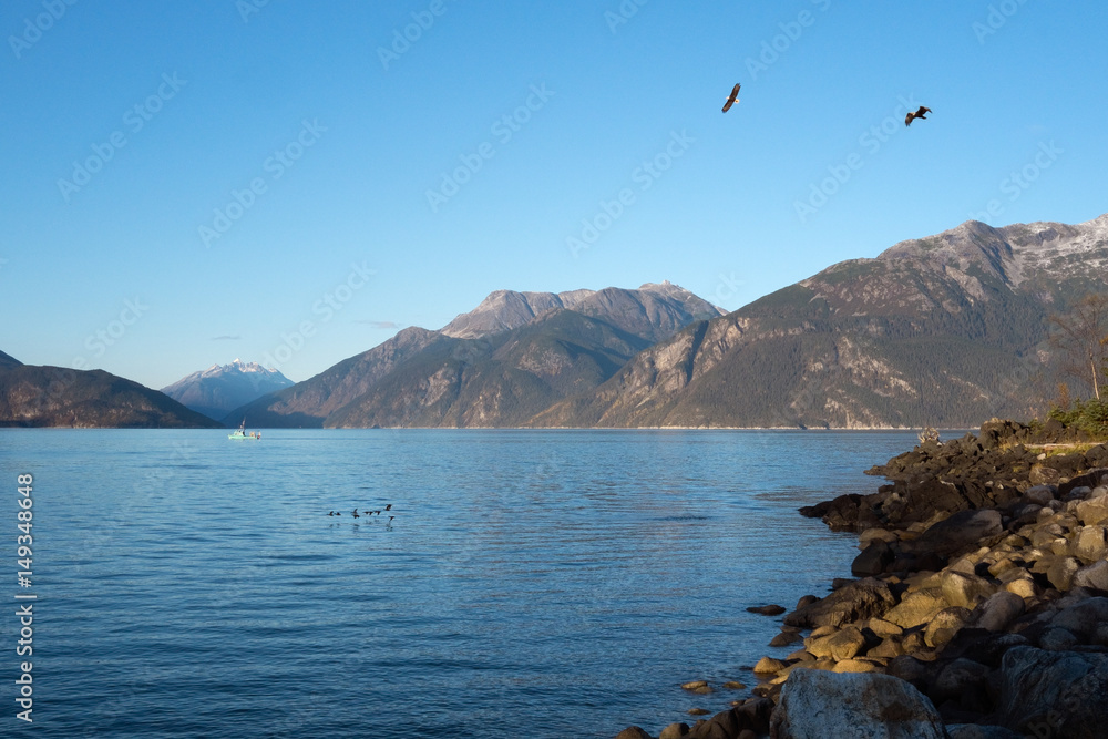 Bald Eagles and Fishing Boat in Haines Harbor, Alaska Bald Eagles and Fishing Boat in Haines Harbor, Alaska