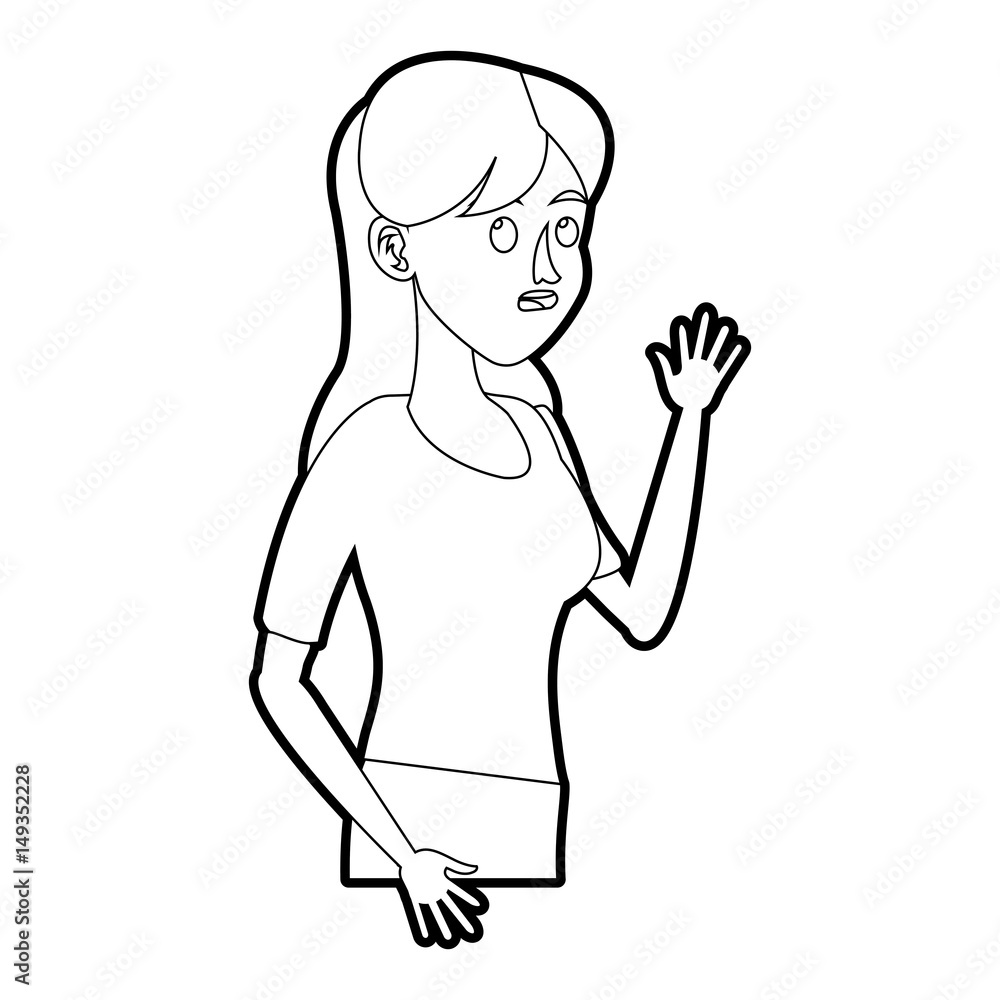 character young woman say hi line vector illustration design character young woman say hi line vector illustration design
