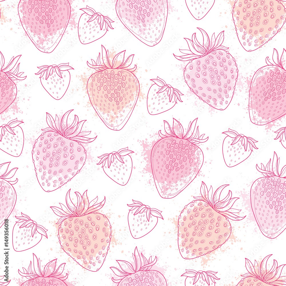 Vector seamless pattern with outline Strawberry and blots in pink pastel color on the white background. Elegance floral background with Strawberry in contour style for summer design. Vector seamless pattern with outline Strawberry and blots in pink pastel color on the white background. Elegance floral background with Strawberry in contour style for summer design.