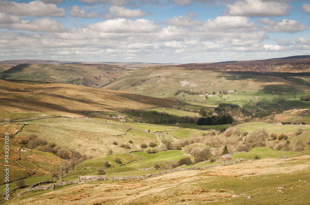 Looking down Oxnop Ghyll towards Swaledale in the Yorkshire dales National Park, England.