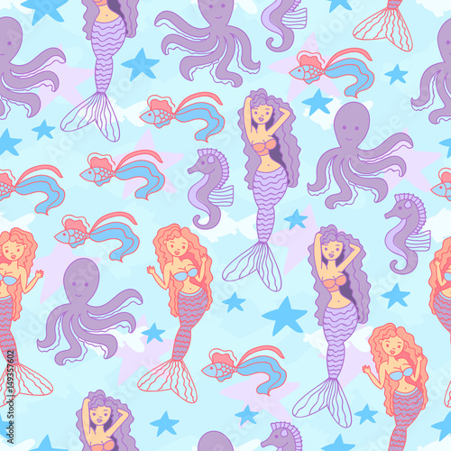 Seamless pattern with mermaids, octopus, seahorse, starfish and fish.