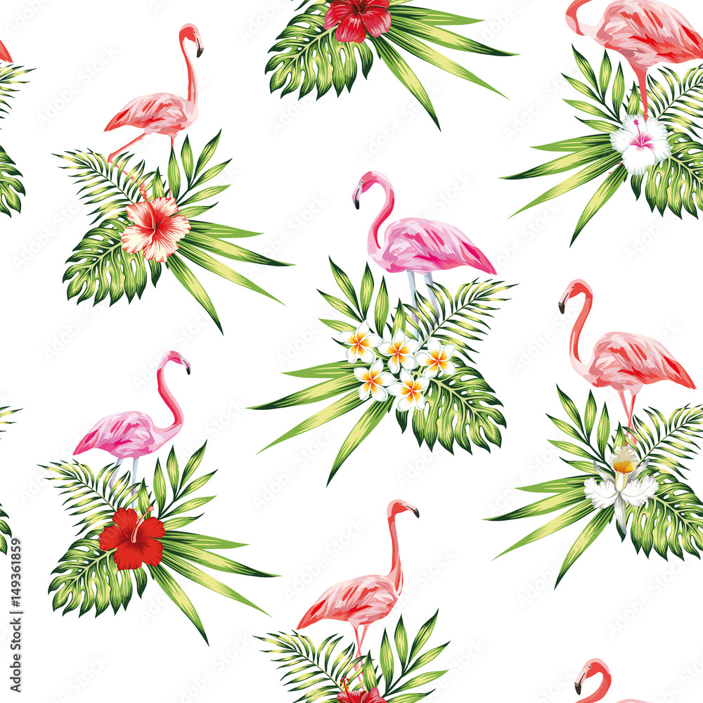 Fototapeta premium Seamless pattern pink flamingo with flowers and plants white background
