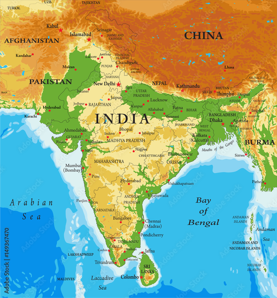 Physical map of India Stock Illustration | Adobe Stock