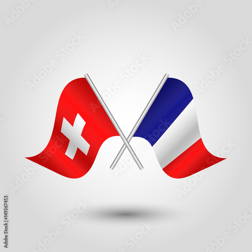 vector two crossed swiss and french flags on silver sticks - symbol of switzerland and france
